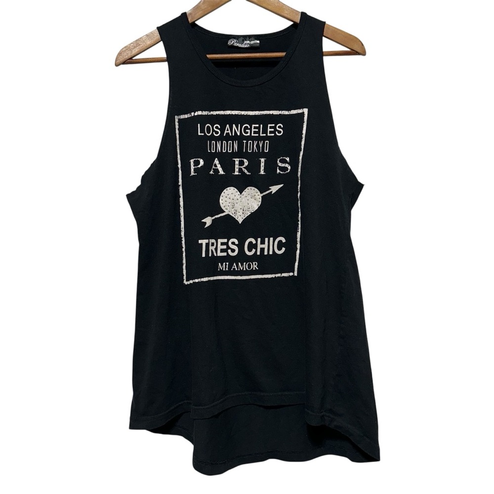 Paradisio Paris Rhinestone Graphic Tank Y2K Oversized High Low Top Biker Concert